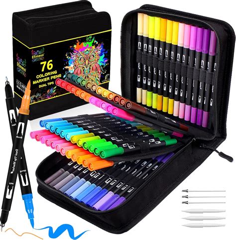 Efimeso 76 Colouring Pens Felt Tip Pens Brush Pens with Case, Dual Tips ...