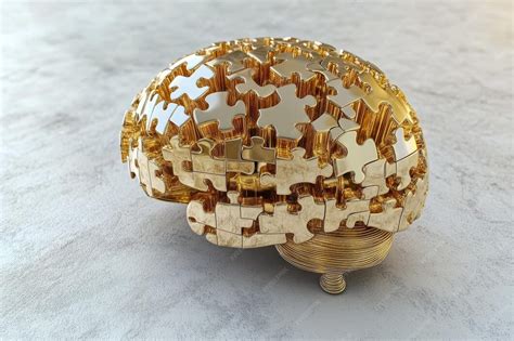Sculpture de cerveau en puzzle doré symbolisant l'éclat cognitif la ...