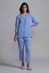Buy Blue Polyester Collared Crinkle Textured Shirt With Pant For Women ...