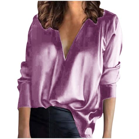 DeHolifer Women Satin Shirts Long Sleeve V-Neck Soft Silk Shirts ...