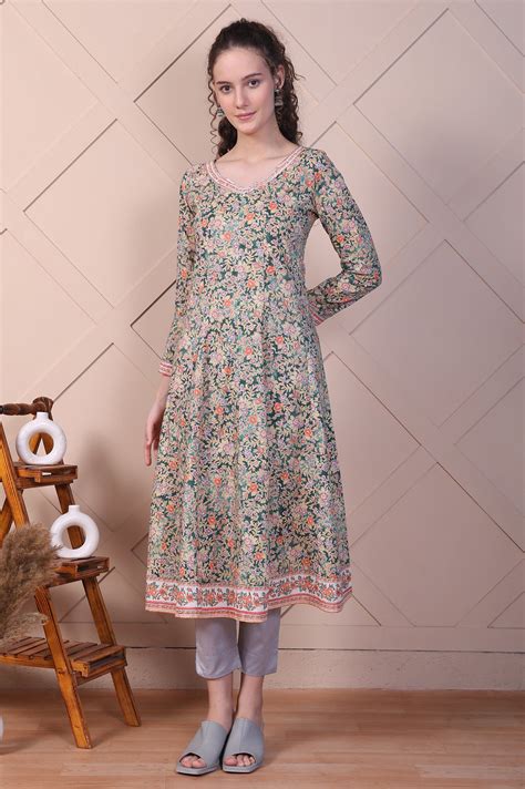 Buy Green Floral Printed Pure Cotton Anarkali Kurta Online for Woman ...