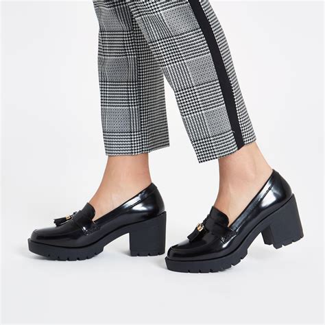 River Island Chunky Tassel Block Heel Loafers in Black - Lyst