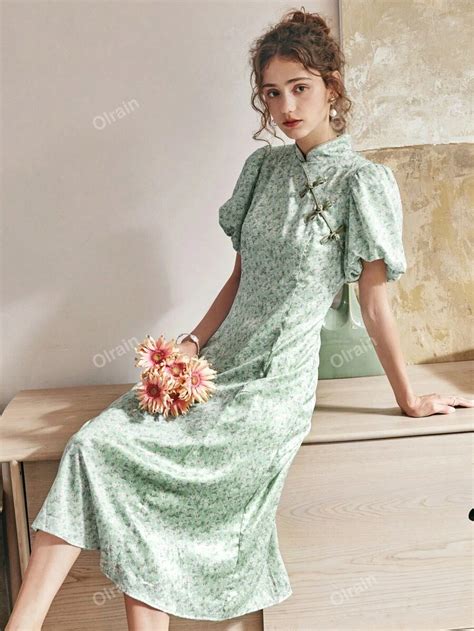 Ditsy Floral Print Mandarin Collar Puff Sleeve Dress | SHEIN USA