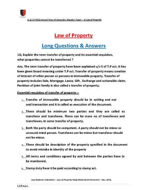 LL. (3-YDC) II Sem - Law of Property: Comprehensive Notes & Long Qs ...