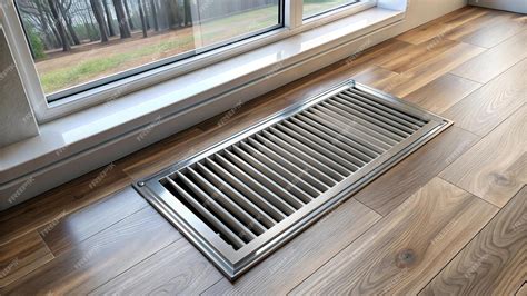 Floor convector heating metal grate next to window high angle view ...