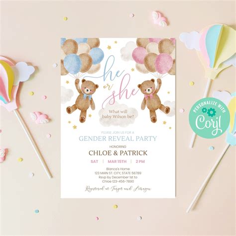 Editable Teddy Bear Gender Reveal Invitation, Gender Neutral Baby ...