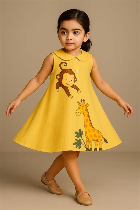 Pre Order: Monkey And Giraffe Yellow Hand Painted Dress – Who Wore Whhat