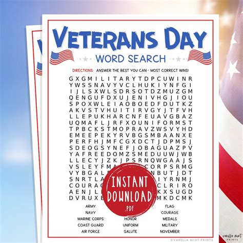 Veterans Day Word Search Game | Printable Veterans Day Party Games ...