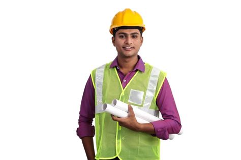 Indian male architect wearing yellow helmet and safety jacket holding ...