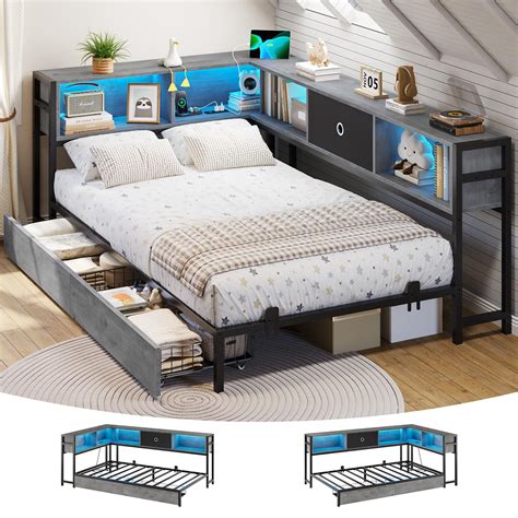 Amazon.com: DICTAC Corner Bed Frame with Bookcase Storage and Led ...
