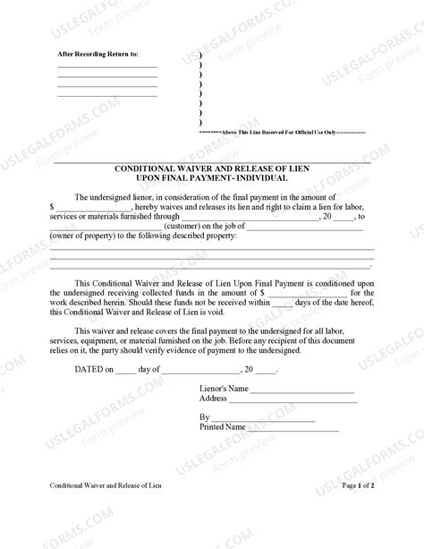 Florida Conditional Waiver and Release of Lien Upon Final Payment - Florida Conditional Lien ...