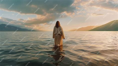 Premium Photo | Back view jesus christ walking on water on the sea ...