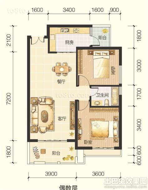 两室一厅一厨一卫80平米小户型平面图_装信通网效果图