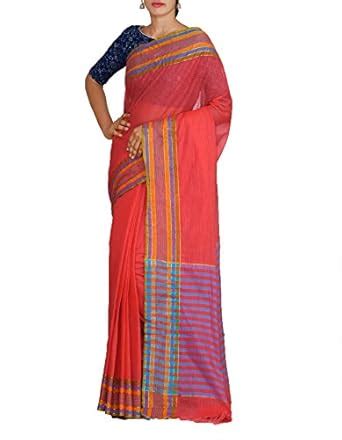 Buy UNNATI SILKS Women Red Pure Mangalagiri Cotton Saree With Blouse ...