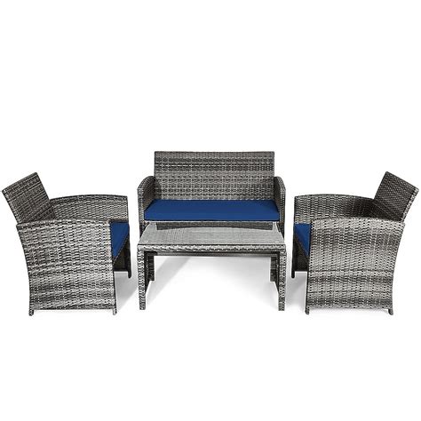 Costway 4-Piece Rattan Patio Conversation Set with Blue Cushions ...