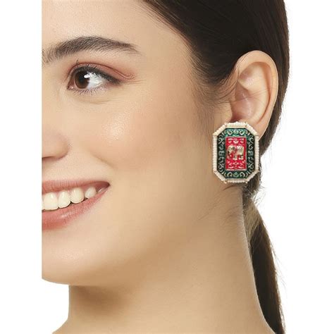Buy OOMPH Green & Rani Pink Meenakari Stud Earrings - Elephant Design ...