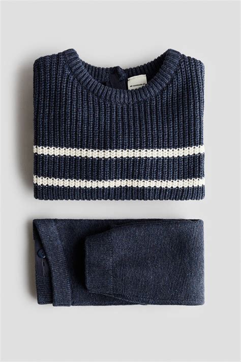2-piece cotton knit set - Navy blue/White striped - Kids | H&M IN