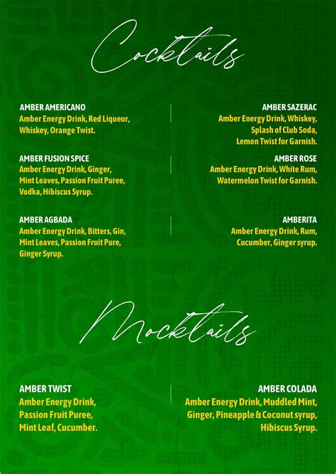 Amber Energy Drink Cocktail Menu - Amber Energy Drink