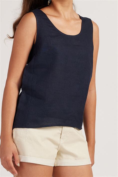 Tank Tops | The Linen Round Neck Tank Indigo Online