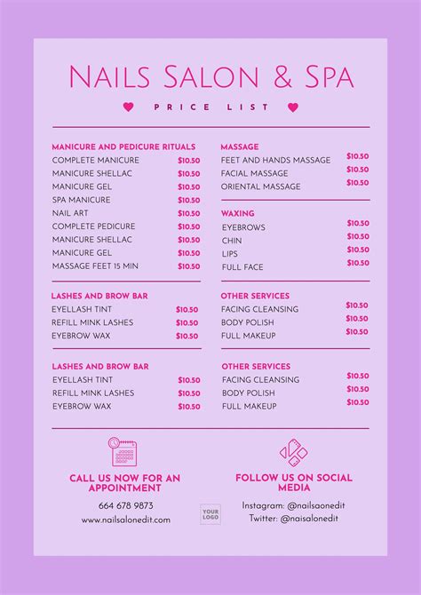 Editable price list template for nails salons | Lista de precios, Salón ...