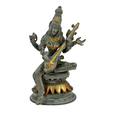 CraftVatika Brass Saraswati Statue Antique finished Hindu Goddess of ...