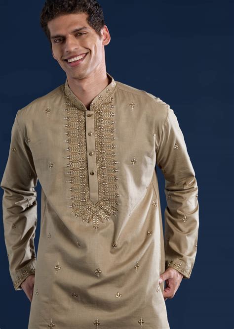 Buy Beige Linen Blend Mirror Work Kurta and Pant Set | KALKI Fashion India