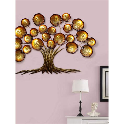 Buy eCraftIndia Golden Beautiful Leaves Tree Iron Wall Hanging with ...