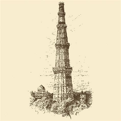 Premium Vector | Ancient qutub minar monument traditional architecture hand drawn delhi temple ...