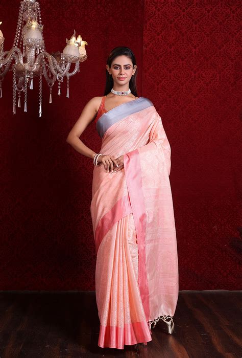 Soft Silk Weaving Saree (Pink – Grey) – Umay Benaras