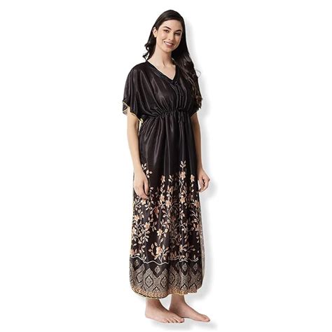 G4Girl Women's Satin Silk Geometric Print Maxi Kaftan Nighty Gown (Free ...