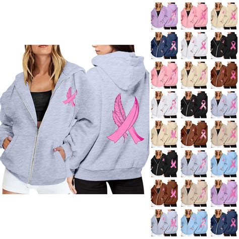 Breast Cancer Awareness Hoodies for Women 2025 Zip Up Long Sleeve ...