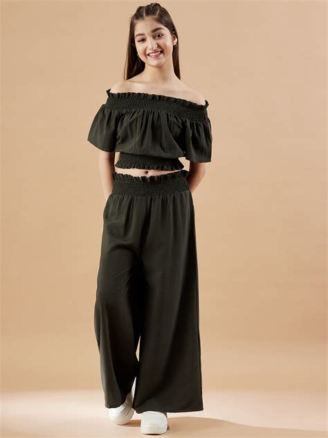 Girls Off-Shoulder Olive Top with Trousers – Panit X Cherry & Jerry
