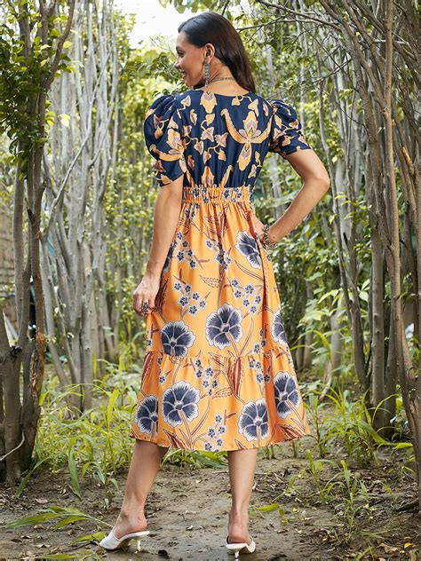 Athena Mustard Yellow & Blue Floral Crepe Empire Midi Dress – Athena ...