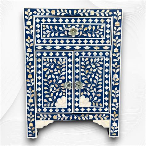 MOP Inlay 1 Drawer 2 Door Bedside Table Dark Blue – Luxury Handicrafts