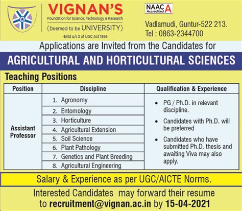 Vignan University Agricultural Sciences Faculty Jobs 2021
