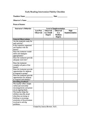 Fillable Online Early Reading Intervention Fidelity Checklist Fax Email ...