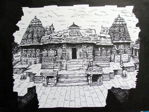 "Temple": White Ink Drawing (11x14) by Rajendra V – ArtZolo.com