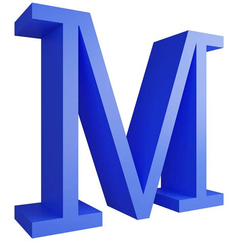 Alphabet M side view icon isolated on transparent background, 3D render blue big letters text ...