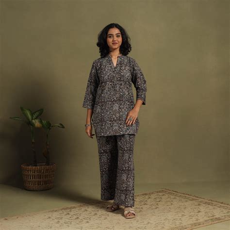 Black Natural Dyed Block Print Cotton Pedana Kalamkari Co-ord Set