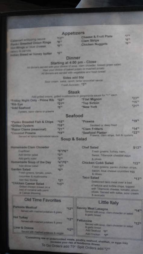 Menu at Parkside Restaurant and Lounge, Garibaldi