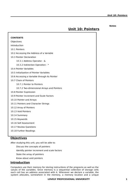 3 - notess for student - Notes Unit 10: Pointers CONTENTS Objectives ...