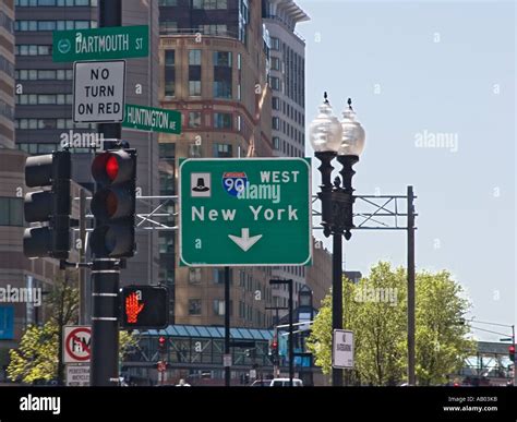 Highway sign for Mass Pike I 90 to New York in the Back Bay section of ...