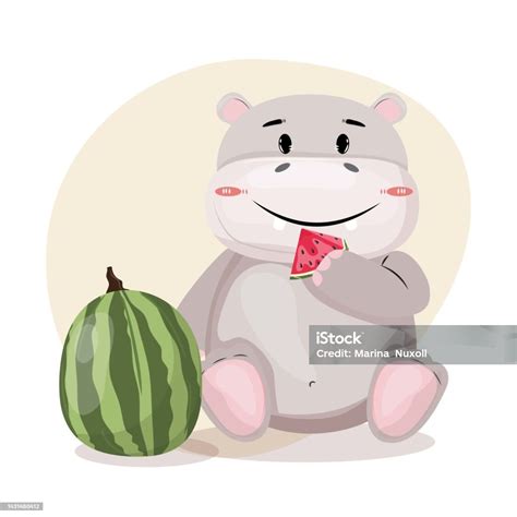 Happy Hippopotamus Eating A Watermelon Stock Illustration - Download ...
