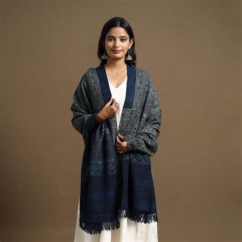 Blue Kutch Handwoven Ajrakh Print Pure Wool Shawl