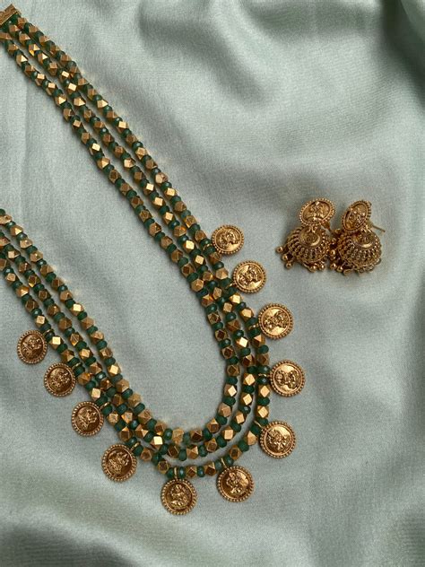 Green and Golden Beads Lakshmi Coin Mala with Jhumkas – Daivik.in