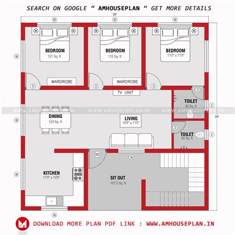 35 x 35 Perfect 3 bedroom house plan drawing 3d