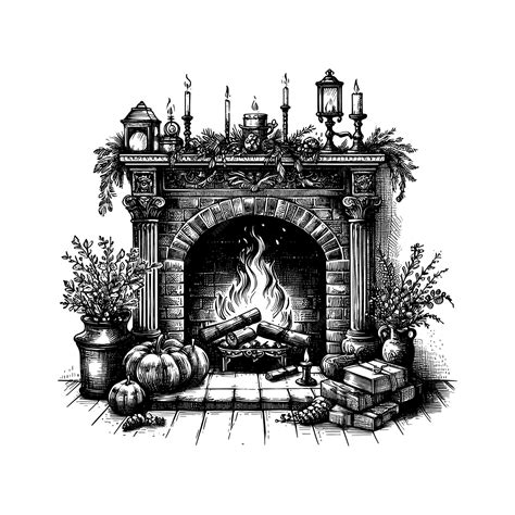 Premium Vector | A black and white drawing of a fireplace with a fire in it