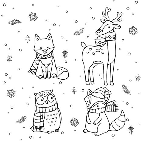 Winter Forest Animals with Scarfs: Fox, Deer, Owl and Raccoon with Hat 🦊🦌🦉🦝 ️ Coloring Page