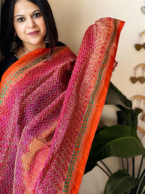 Orange, Pink Handmade Kantha Dupatta in Silk - Masakalee