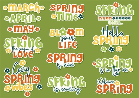 Set of spring stickers in retro style. Groovy motivational slogan ...